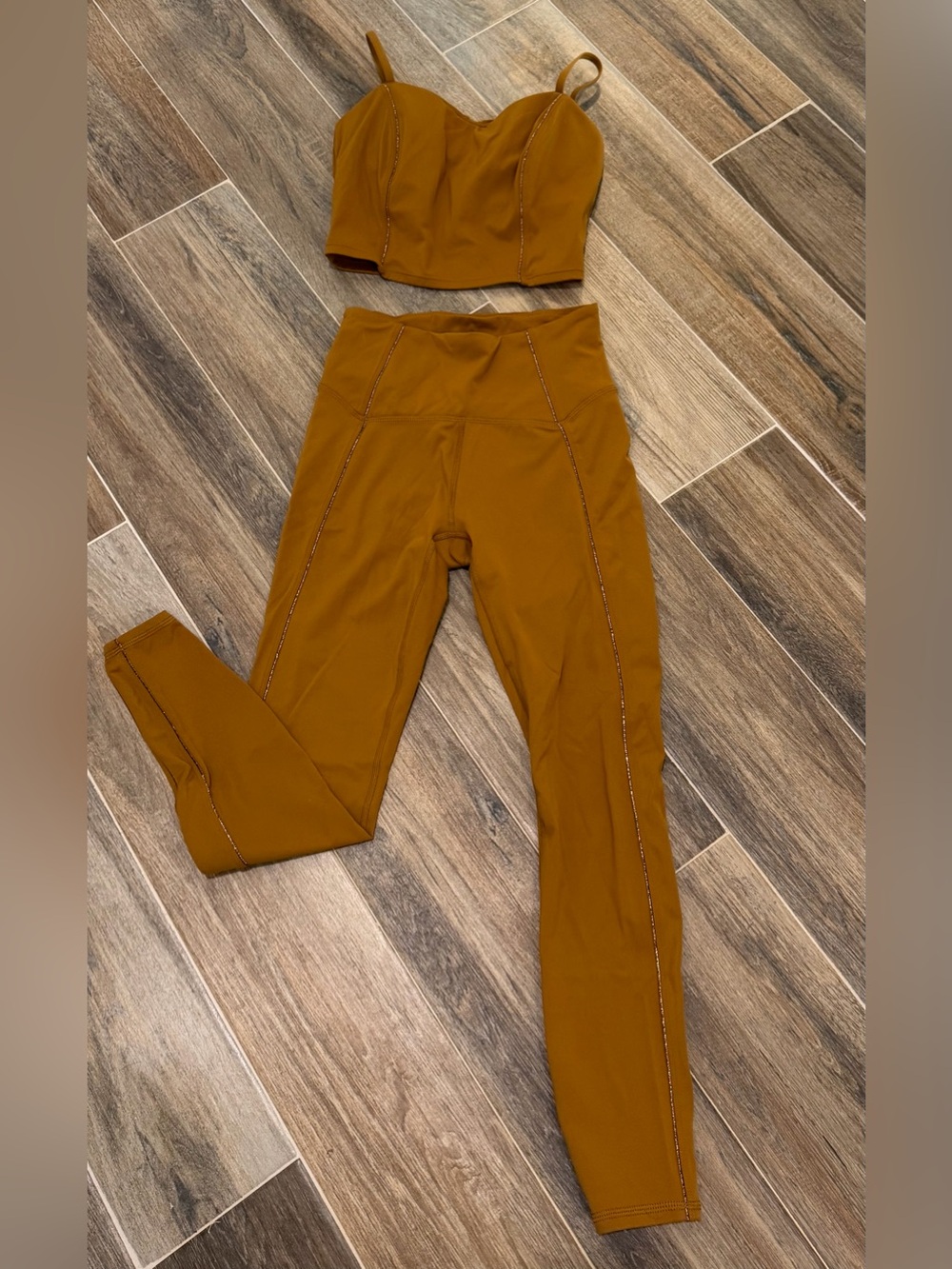 Joy Lab High-Waist Leggings and Sports Bra in Burnt Orange w/Gold Stripe